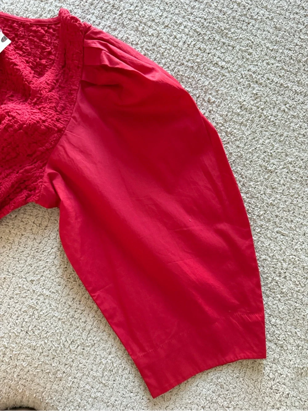 Anthropologie Coral-Red Puff-Sleeve Textured Button Front Top